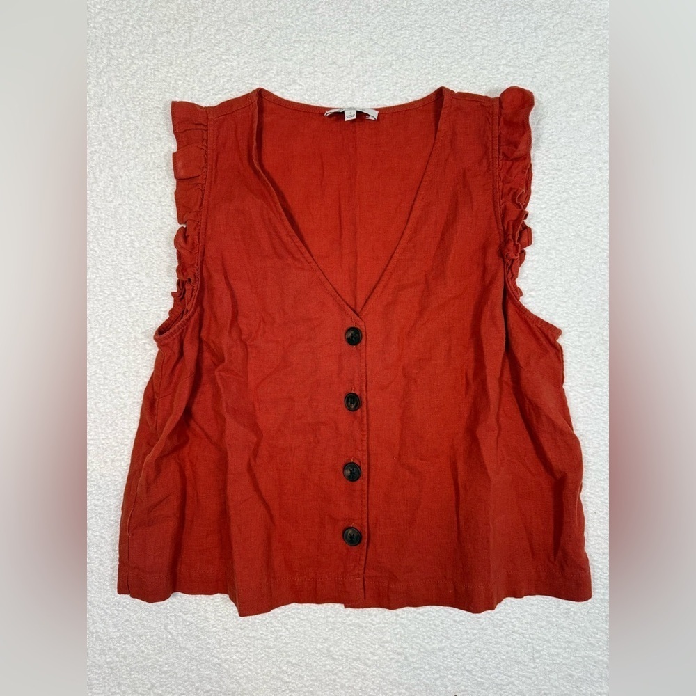 Madewell Orange rust womens Linen Blend Ruffle Button Front Tank Shirt size 2